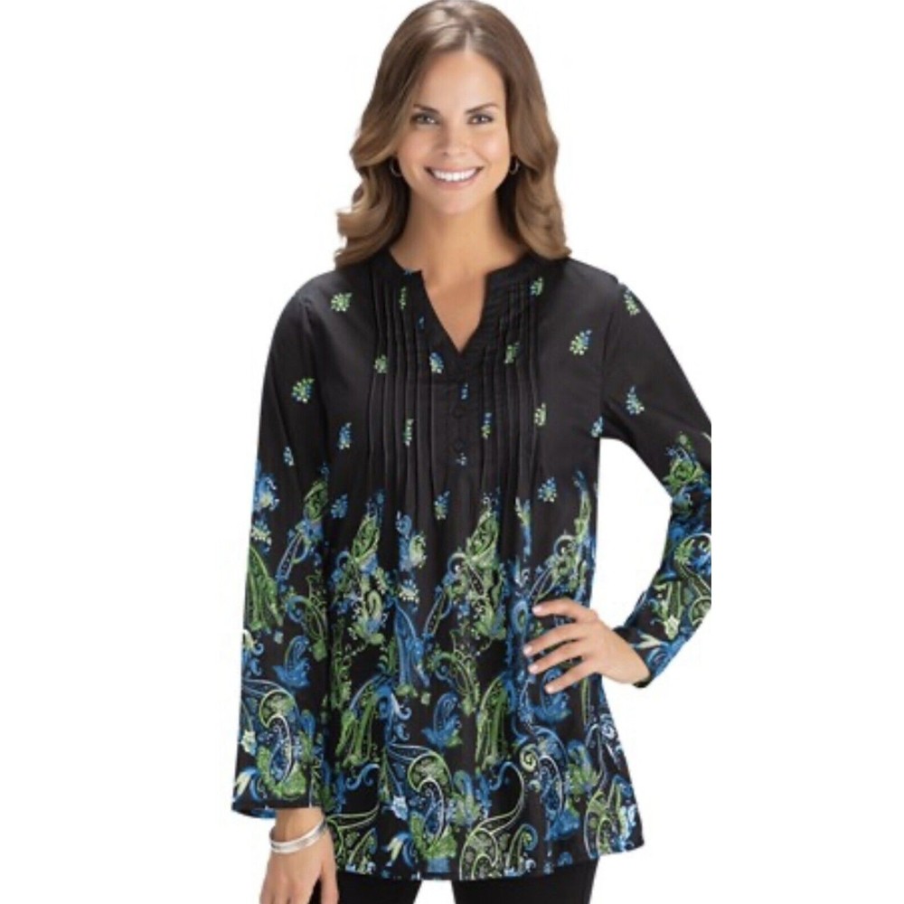 Collection Etc Blue & Green Paisley Tunic Top Large Shirt NWOT